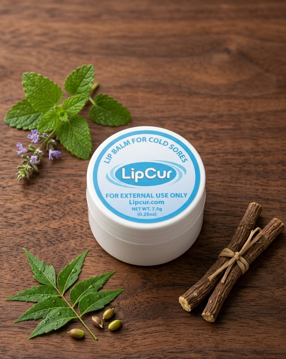 LipCur cold sore relief jar with mint leaves and licorice root on wooden surface
